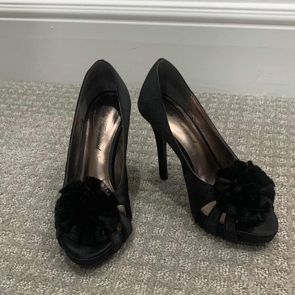 Black peep toe heels with flower